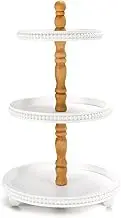 Wooden 3 Tiered Tray Stand, Rustic Farmhouse White with Beaded Edge Decorative Trays, Cupcake & Dessert Serving Display with Wooden Handles, Adjustable Tiered Tray for Home Kitchen Decor, Tea Party