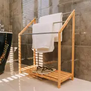 Bathroom Bamboo Towel Bar Metal Holder Rack 3-Tier Freestanding and bottom shelf