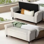 Oikiture 118.5cm Ottoman Storage Blanket Box Linen Fabric Beige