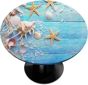 Beach Fitted Round Table Cloth Teal Wood Starfish Cover Waterproof Non Slip Decor Tablecloths for Parties Outdoor Patio Covers with Elastic Edge (Fit 45''-56'' Table), A:blue Theme Texture