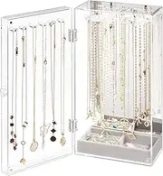 Lolalet Necklace Holder Organizer, Acrylic Jewelry Organizer with 24 Hooks, Rotating Clear Necklaces Display Box with Built-in Mirror, Dust-proof Jewelry Storage Case with Velvet Tray - Clearmirror