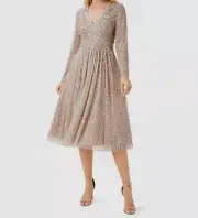 $495 Aidan Mattox Women's Beige Sequined V-Neck A-Line Dress Size 14