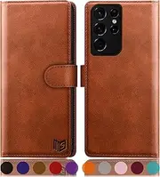 [SUANPOT] RFID Protection for Samsung Galaxy S21 Ultra Case PU Leather Mobile Phone Case Leather Flip Case Card Slot Flip Cover for Samsung S21 Ultra Mobile Phone Case Leather Wallet Phone Case Light Brown