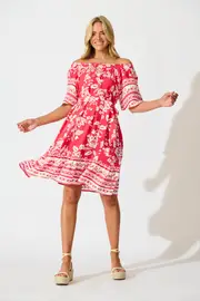 Janna Dress Short Sleeve in Red Raspberry with White Border Print S