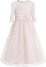 [Lejafay] Kids Half Sleeve Floral Lace Mesh Flower Girl Dress Bridesmaid Wedding Birthday Party Pageant Ball Gown