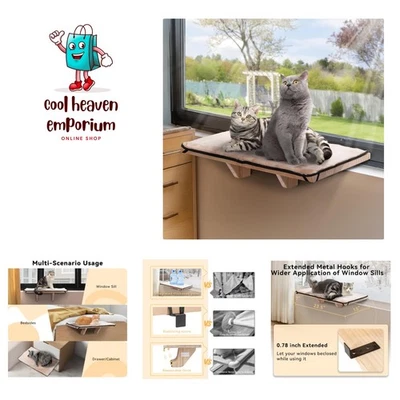 2 Cats Design Window Perch, Cat Hammock Window Seat with Natural Wood &Remova...
