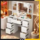 Large Vanity Makeup Table with 7 Drawers and 10 LED Bulbs Mirror Dresser White