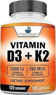 Vitamin D3 5000IU & K2 as MK-7 200mcg with Organic Coconut Oil, Vitamin K2 & D3 Capsules, Vitamin D3 K2, Vitamin K2 D3, Immune & Bone Health, No Stearate, No Fillers, Made in USA, 120 Veggie Capsules