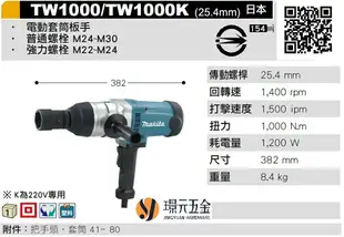 MAKITA 牧田 TW1000K 電動套筒板手 套筒 板手 25.4mm 插電 220V專用 日本製 【璟元五金】