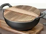 Cast Iron Skillet Frying Pan with Side Handles, Non Stick Outdoor Cooking Pot for Soup, Stews, and Camping – Durable & Easy to Clean,27CM,with Wooden lid