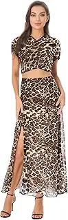 [TiaoBug] Womens Belly Dance Costume Leopard Print Crop Top with High Split Maxi Skirt 2-Piece Dance Dresses