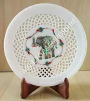 12" White Filigree Marble Round Decorative Plate Elephant Inlay Arts Decor E1318