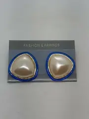 True VTG NOS Faux Pearl Blue Lucite Triangle Chunky Post Stud Earrings Gold