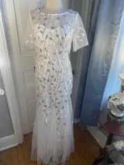 EVER PRETTY WHITE SEQUIN SHEER TOP BRIDAL GOWN-SIZE10-NWT-LONG NETTED BOTTOM!!