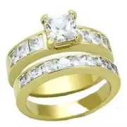 3.50 ct 2 Piece Cz Wedding Engagement Ring Set Yellow Gold Plated Stainless Stee