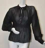 $1420 NEW Chanel Black Sheer SILK Cashmere Smocked Waist Sleeves Blouse Top 38