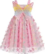 [IBTOM CASTLE] Toddler Girls Butterfly Dress with Wing Spaghetti Straps Smocked Gradient Tulle Tutu Princess Birthday Sundress