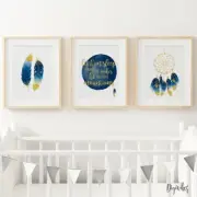 Baby Boy, Nursery Bedroom Wall Art Boho Tribal in Navy and gold. Set of 3 print