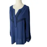 NWT CHICO'S Size Large 12 14 Embroidered Peasant Top Navy Blue V-Notch Flowy