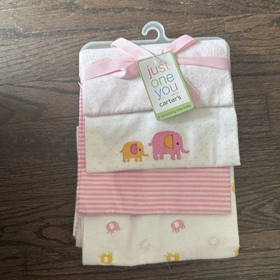 NEW Carters 4 Pack Receiving Blankets Pink White Cotton Elephants Hearts 30" NIP