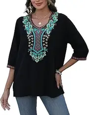 [AK] Women Boho Embroidered Tops Mexican 3/4 Sleeve Peasant Shirt for Women Traditional Floral Plus Size Blouses
