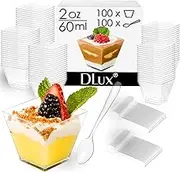DLux 100 x 2 oz Mini Dessert Cups with Spoons, Square Short - Clear Plastic Parfait Appetizer Cup - Small Reusable Serving Bowl for Tasting Party Desserts Appetizers - with Recipe Ebook