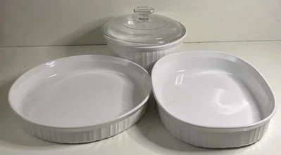 4 Pc. CorningWare FrenchWht. 1.6L F-5-B W/Glass Lid, F-6-B 1.8L & F-3-5 25CM NOB