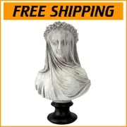 Exquisite 14-Inch Veiled Maiden Bust Statue in Antiqued White with Black Base