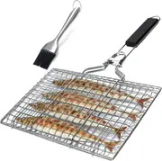 Portable Stainless Steel Fish Grill Basket with Basting Brush and Bag