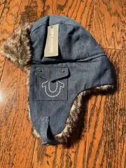 True Religion Winter Lined Faux Fur Trapper Hat Ear Flaps Corduroy Blue NWT