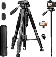 [Victiv] Camera Tripod Upgraded Version T72 Max. Height 72-inch/182 cm - Lightweight and Compact for Travel with 3-Way Swivel Head and 2 Quick Release Plates for Canon Nikon DSLR Video Shooting - Black