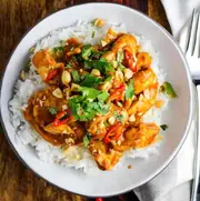 Malaysian Satay Chicken with Saffron Rice, Stir-Fried Veggies & Blanched Bok Choy