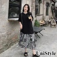在飛比找momo購物網優惠-【UniStyle】假兩件短袖洋裝 韓系碎花拼接連身裙 女 