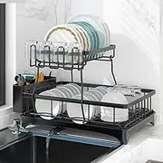 Dish Drying Rack, Dish Rack with Draining Tray, Made of Carbon Steel, Removable Cutlery Holder with Drip Tray Swivel Draining Spout, for Kitchen Countertop（Black 2）