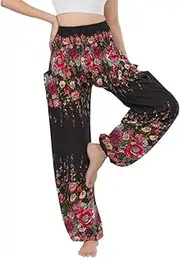 [BANJAMATH] Women's Smocked Waist Harem Hippie Boho Yoga Palazzo Casual Pants, Floral Black 2, Large