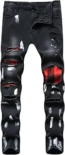 [Generic] Men's Casual Skinny Distressed Lightweight Pants Regular Mens Straight Leg Fit Pant Ripped Slim Patchwork Jeans, Black, Medium
