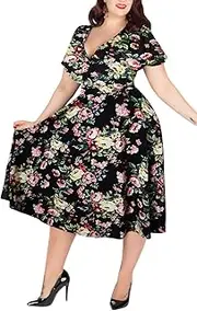 [Nemidor] Women's V-Neckline Stretchy Casual Midi Plus Size Bridesmaid Dress (26, Black Print)