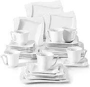 [MALACASA] Plates and Bowls Sets, Square Dinnerware Sets for 6 (30pcs), Porcelain Dish Set, White Dinnerware with Dinner Plates, Dessert Plates, Soup Bowls, Cups&Saucers, Ivory White, Series Amparo