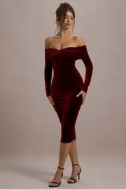 Compliment | Berry Velvet Bardot Midi Dress