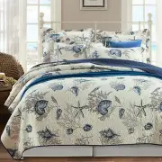 COASTAL OCEAN NAUTICAL BEACH HOUSE SEA SHELL NAVY BLUE IVORY WHITE QUILT SET