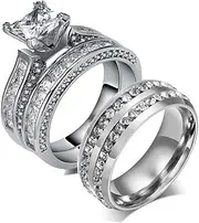 [loversring] Couple Ring Bridal Set His Hers Women White Gold Filled CZ Men Stainless Steel Wedding Ring Band Set