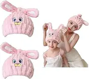 NAWPHEKI Kids Animal Hair Drying Towels, 2Pcs Pink Rabbit Bath Dry Hair Caps, Extrame Soft & Ultra Absorbent, Fast Drying Hair Turban Wrap Towels Shower Cap for Girls and Women