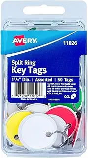 Avery Metal Rim Key Tags, 1.25" Diameter Tag, Metal Split Ring, Assorted Colors, 50 Tags (11026)