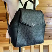 MICHAEL Michael Kors Freya Medium Pebbled Leather Black Gray Logo Backpack NEW