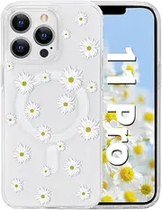 Tcaraersing for iPhone 11 Pro 5.8'' for Magnetic Clear Flower Case, Compatible with MagSafe, Floral Pattern Transparent Shockproof PC Back Soft TPU Slim Thin Cover for Girls Women - Daisy