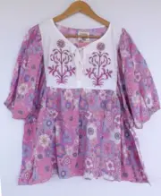 New Dreamcatcher Top 12 L Womens Boho Pink Purple Floral Embroidered Rayon