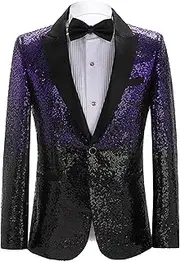 [SWJGLITTR] Men's Shiny Sequins Tuxedo Jacket One Button Lapel Dinner Suit Jackets Gradual Change Color Suit Coats, Purple, XXL