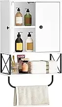 MAHANCRIS Bathroom Wall Cabinet with 2 Door and Adjustable Shelves, Farmhouse Medicine Cabinet with Towel Rack, 3-Tier Wall Mounted Storage Cabinet Over The Toilet for Bathroom Laundry Room, White