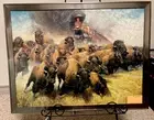 Framed jigsaw puzzle, Steam Engine with buffalo herd crossing track, 20 x 28