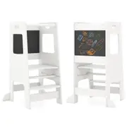 Babyjoy Kids Kitchen Step Stool Adjustable Standing Tower w/Activity Chalkboard Wooden Kitchen Helper White